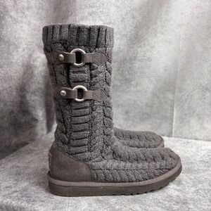 UGG Tularosa Women's Gray Cable Knit Mid-Calf Boots Sheepskin Lined 3177 SIZE 8